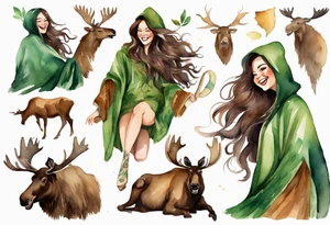 a watercolor of a curvy woman with long brown hair and brown skin and green eyes wearing a fur cloak laughing riding a moose tattoo idea