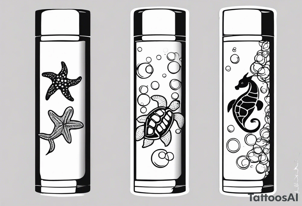 Small Starfish, Seahorse and turtle in a vertical line with bubbles tattoo idea