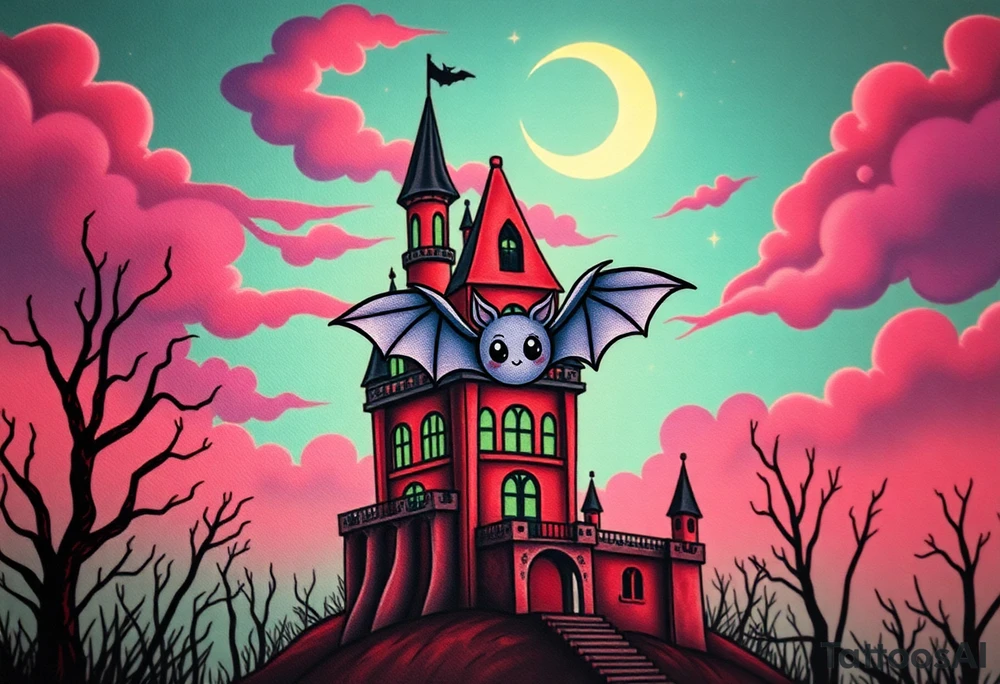 Tim Burton’s haunted castle is abandoned and dripping with muted reds, dusty pinks, and eerie green glow.purple and cyan smokey clouds swirl in the crescent moonlit sky thats sprinkled with stars under the castle an adorable kawaii bat spreads its wings tattoo idea tattoo idea