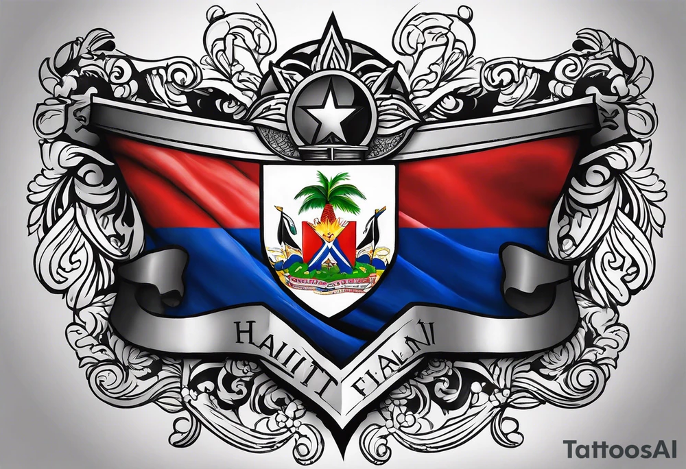 create a haitian flag theme tattoo that goes over a black mans left chest. Have it embody christian faith, salsa dancing, real estate, and public speaking, tattoo idea