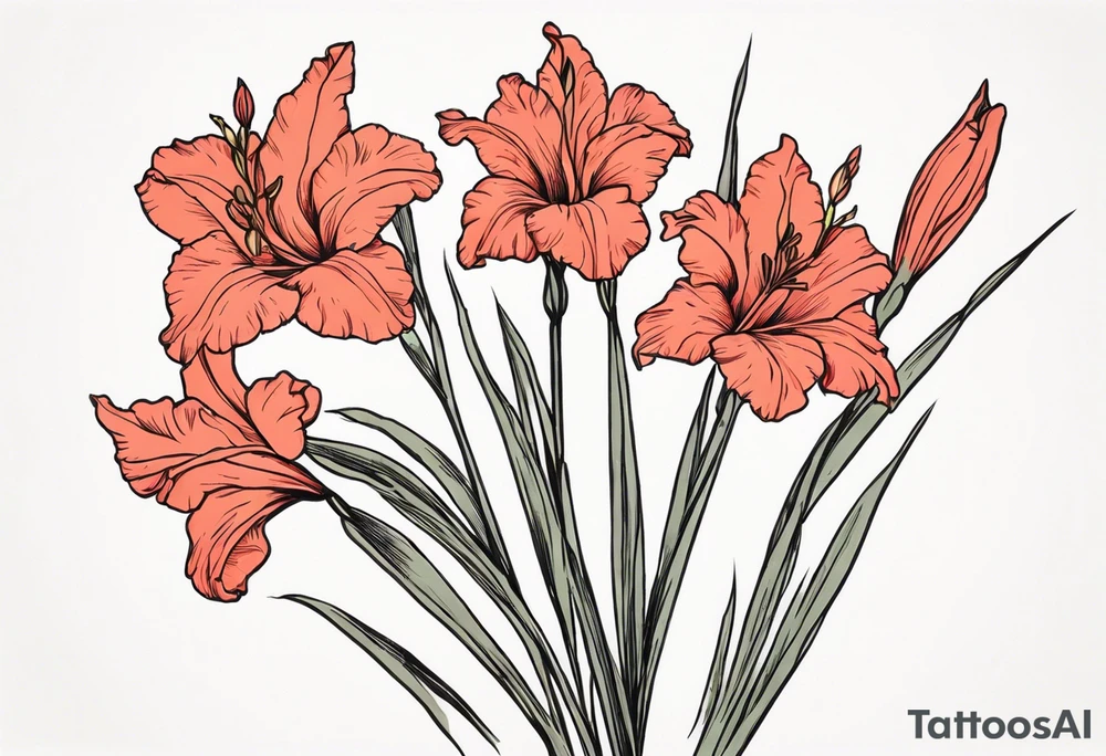 a narrow coral-colored gladiolus tattoo idea