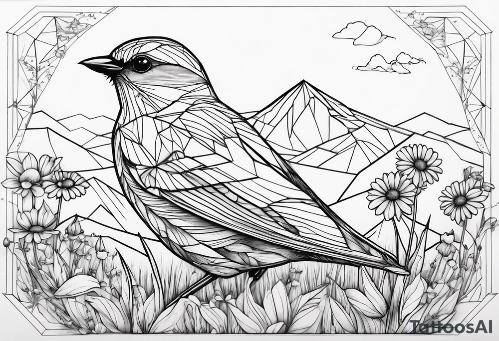 Geometric small bird outline sitting in grass and daisys with mountains in the background tattoo idea