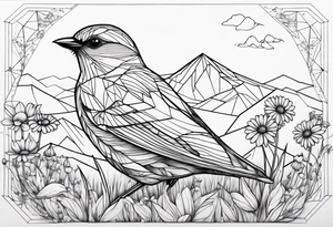 Geometric small bird outline sitting in grass and daisys with mountains in the background tattoo idea