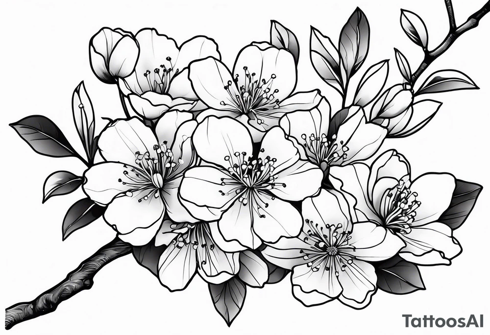 Cherry blossom flowers and branches no color, 3 inches, detailed, dark lines tattoo idea