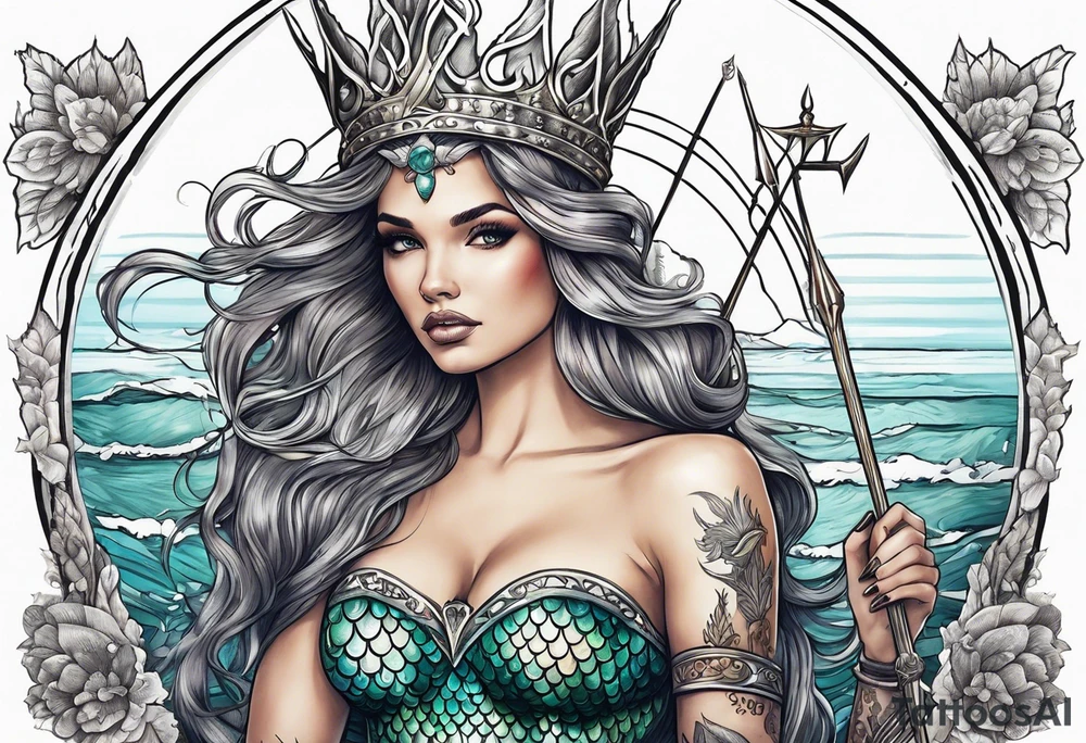 Mermaid full body holding a trident and wearing a crown tattoo idea