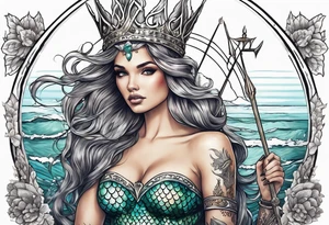 Mermaid full body holding a trident and wearing a crown tattoo idea