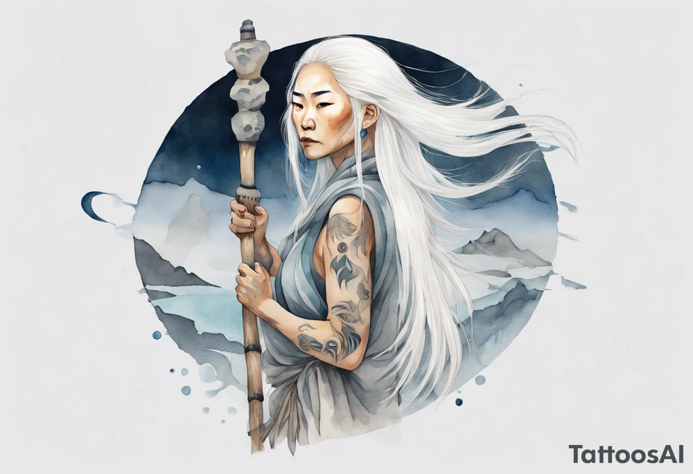 a solitary Inuit woman with long white hair holding onto a silver staff tattoo idea