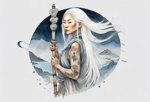 a solitary Inuit woman with long white hair holding onto a silver staff tattoo idea