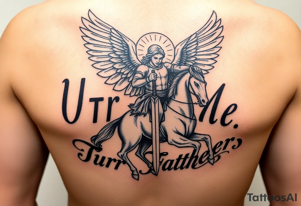 Archangel Michael on horseback with sword in the background beautiful letters prayer Our Father tattoo idea