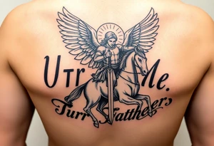 Archangel Michael on horseback with sword in the background beautiful letters prayer Our Father tattoo idea