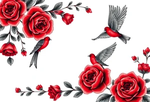 Vintage lace, red roses, red birds, vintage tattoo idea
