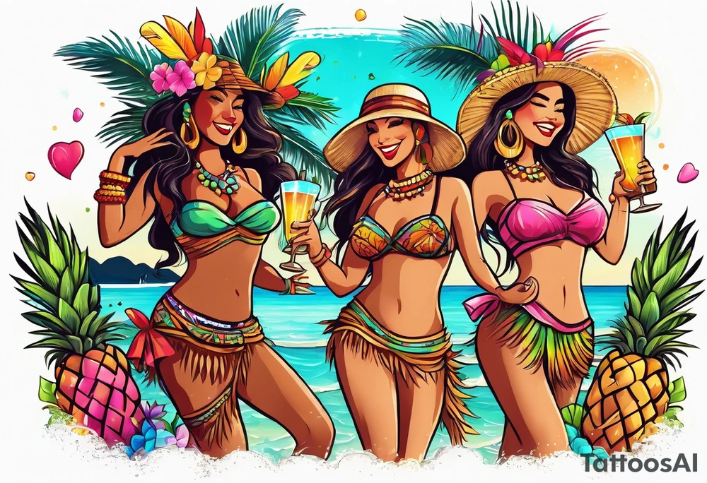 TIKI beach  dance party scene with tropical drinks, sexy girls dancing, music notes, confetti tattoo idea