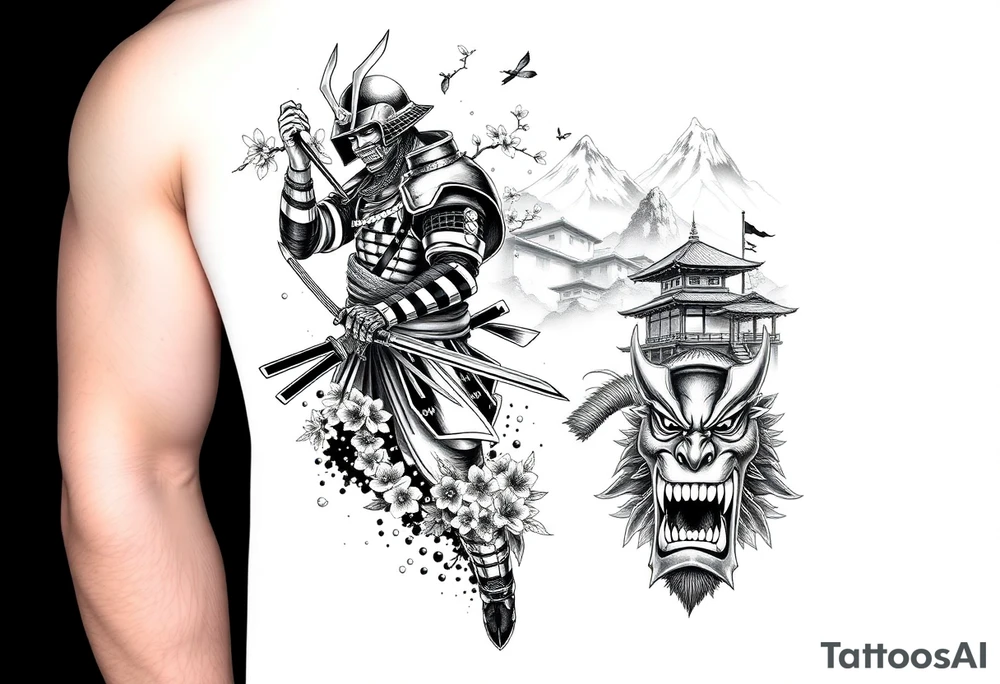 Design an all-black full arm sleeve tattoo featuring a Japanese samurai in full armor with a katana, positioned dynamically. Surrounding the samurai are flowing cherry blossoms, a misty mountain range, and traditional Japanese structures like a pagoda. On the inner forearm, include a detailed Oni mask with sharp features and exaggerated shading. Use dark, dense black ink to create depth, with smooth transitions between the elements, blending the samurai, blossoms, mask, and mountains into a cohesive, flowing design tattoo idea