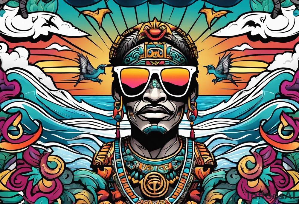 Colorful Mayan hieroglyph wearing sunglasses with ocean waves and bats tattoo idea