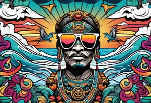 Colorful Mayan hieroglyph wearing sunglasses with ocean waves and bats tattoo idea