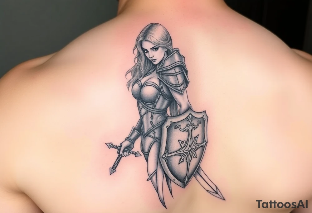 blonde valkyrie with sword and shield -- location calf -- image should show entire body of the valkyrie -- she should have large breasts and beautiful yet tough -- full color, realistic, should have breast armor tattoo idea