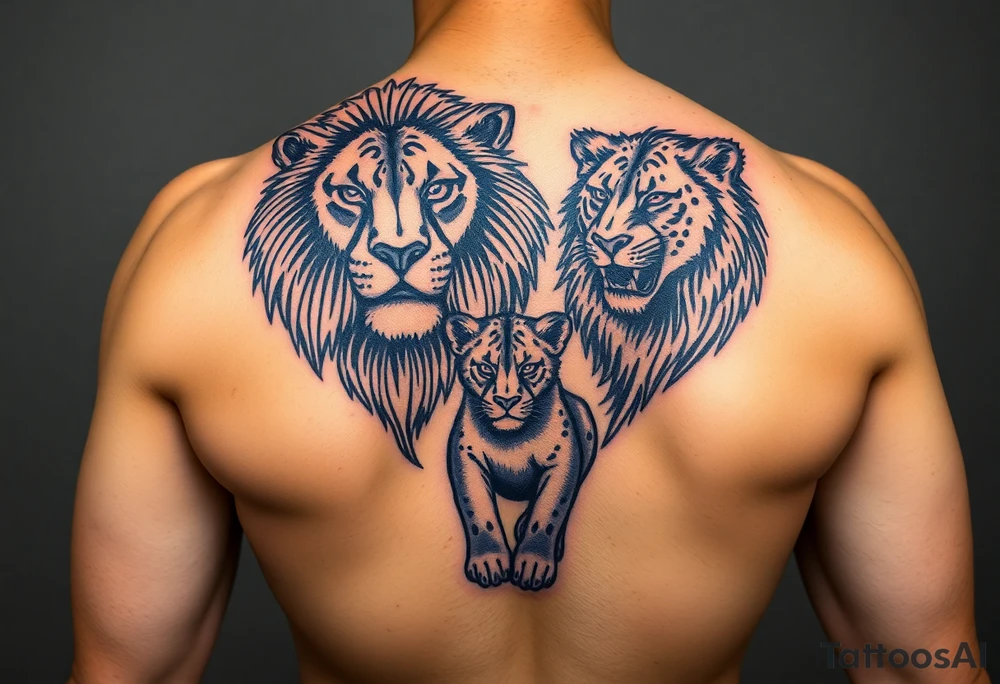 Male, female and cub lions tattoo idea