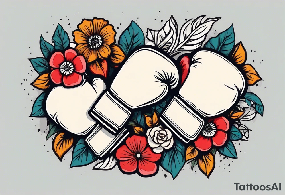 boxing gloves and flowers around the gloves  bold colors traditional old school vintage tattoo idea