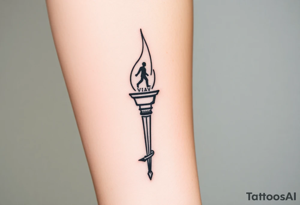 Black-ink forearm tattoo of an abstract torch representing a father’s legacy passed to his son. Torch flame is minimalistic lines and particle flow, fragmented at the base (father’s unfinished work) and bright/solid at the top (son continuing the legacy). Subtle abstract figure of father integrated at the top as if guiding or cheering. Include date VI·IV·MMXXIII hidden in linework and optional phrase “Building what he couldn’t”. Clean, vertical layout, minimalistic, fine-line, black ink only, emotionally resonant. tattoo idea