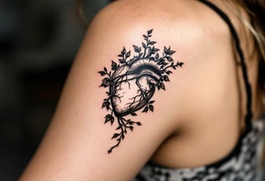 A lifelike heart growing into vines, symbolizing deep emotions and growth. tattoo idea