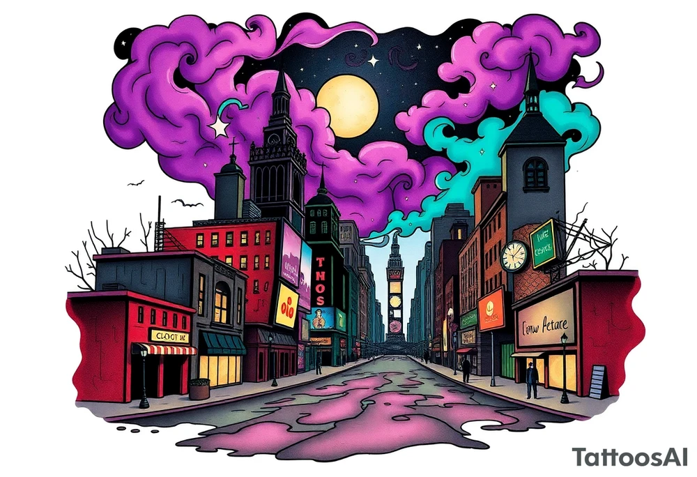 Tim Burton’s new york time square from outside view is the street abandoned and dripping with muted reds, dusty pinks, and eerie green glow purple and cyan smokey clouds swirl and dance in the moonlit night sky filled with twinkling stars  tattoo idea tattoo idea
