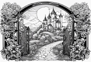 night medieval town garden open gate entrance 
 in circle vignette surrounded by clouds floral tattoo idea