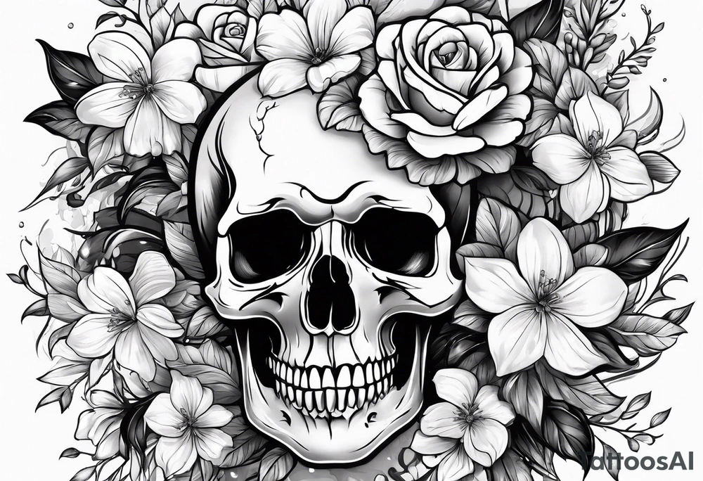 skull with flowers growing on it tattoo idea