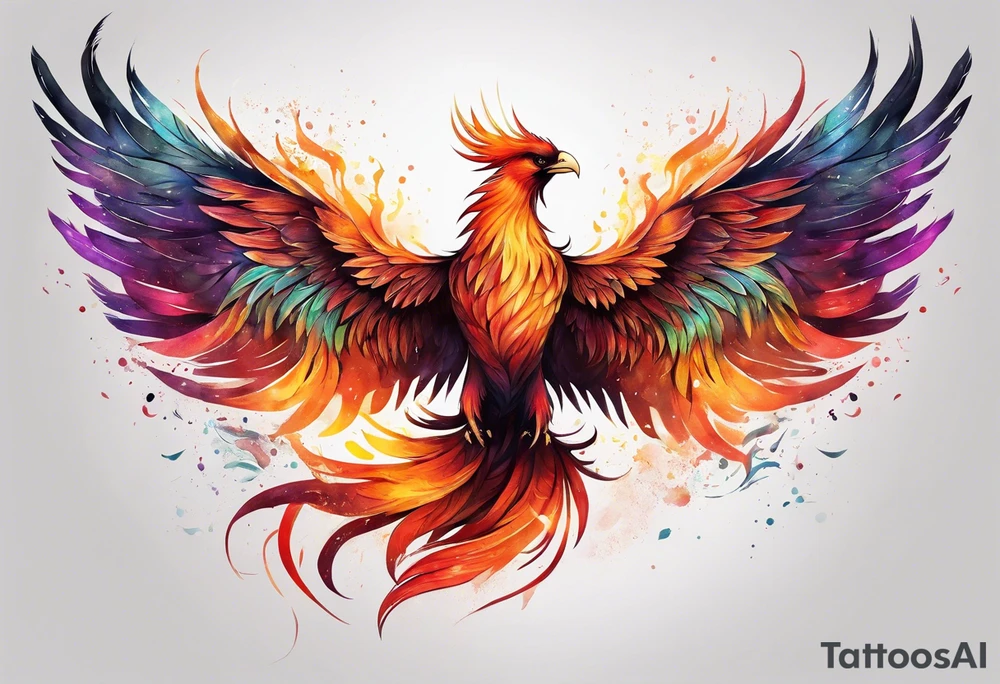 Long, skinny, rising phoenix against dark background tattoo idea