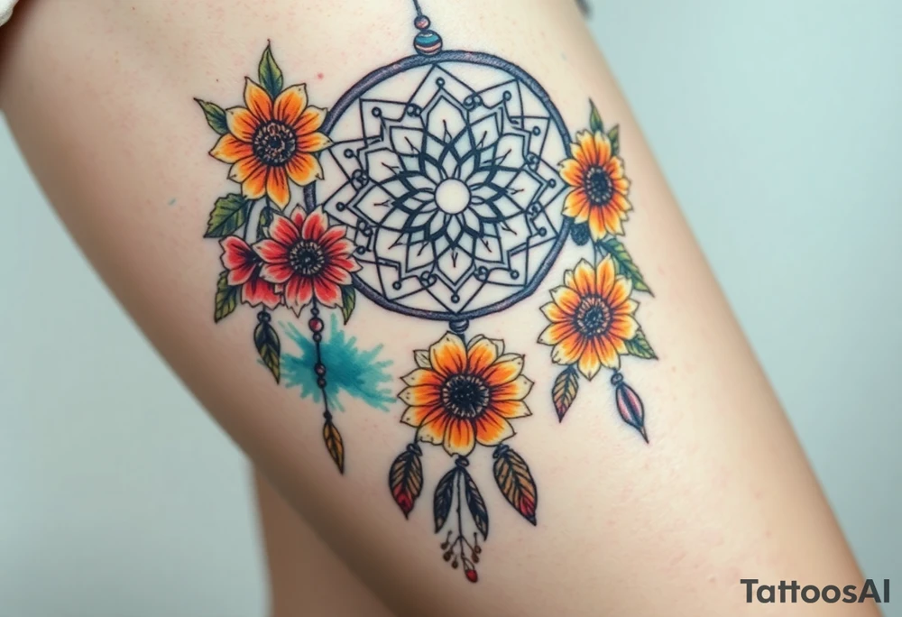 Dreamcatcher with zodiac symbols and protection runes caught in it with tigerlillies roses and sunflowers tattoo idea