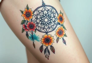 Dreamcatcher with zodiac symbols and protection runes caught in it with tigerlillies roses and sunflowers tattoo idea