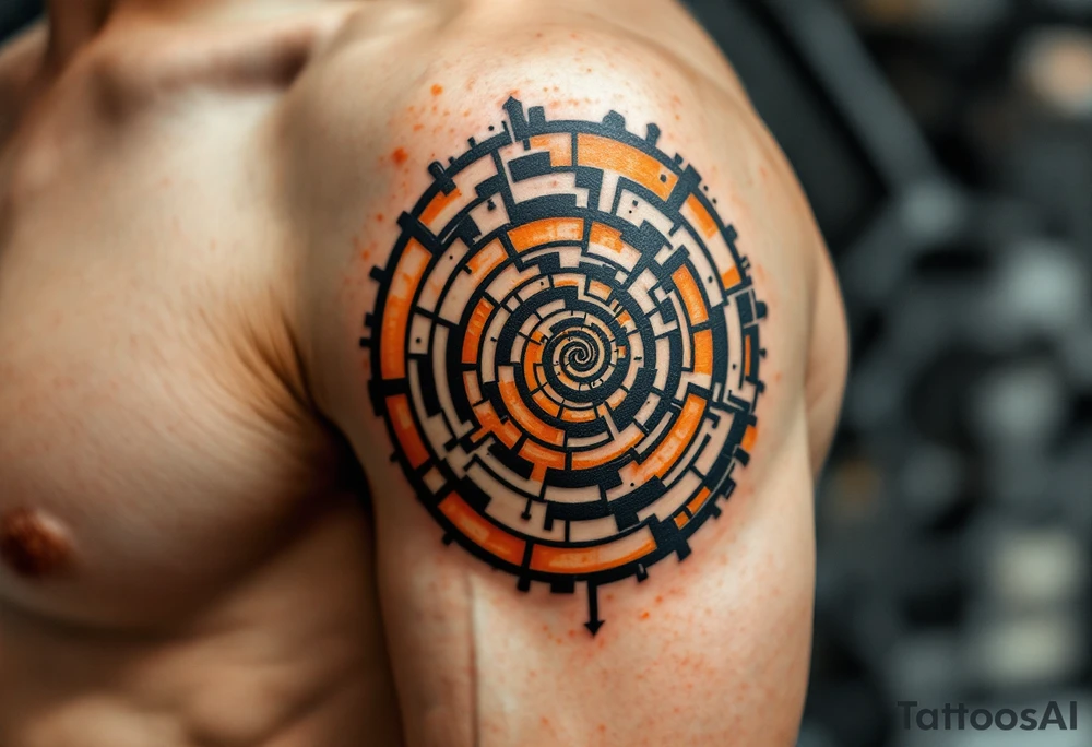 A maze-like spiral in burnt sienna and beige, with a subtle ancient feel. tattoo idea