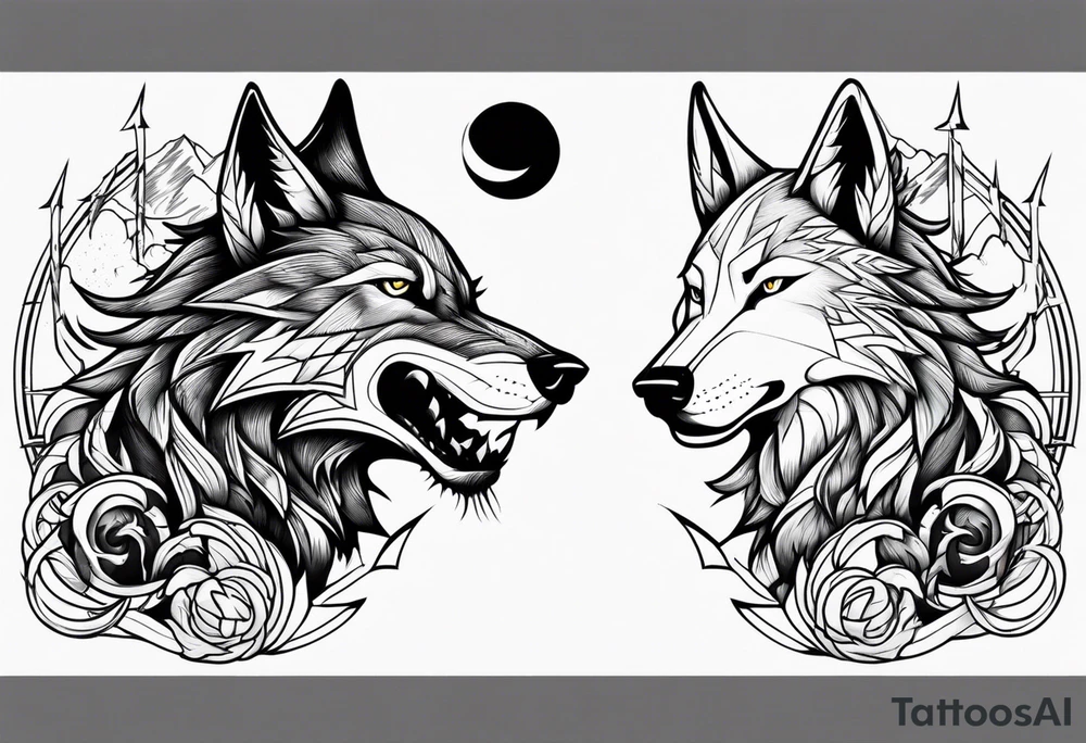 wolf with a dragon and lightning and the moon in the background tattoo idea