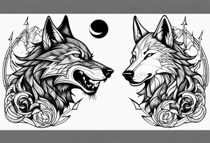 wolf with a dragon and lightning and the moon in the background tattoo idea