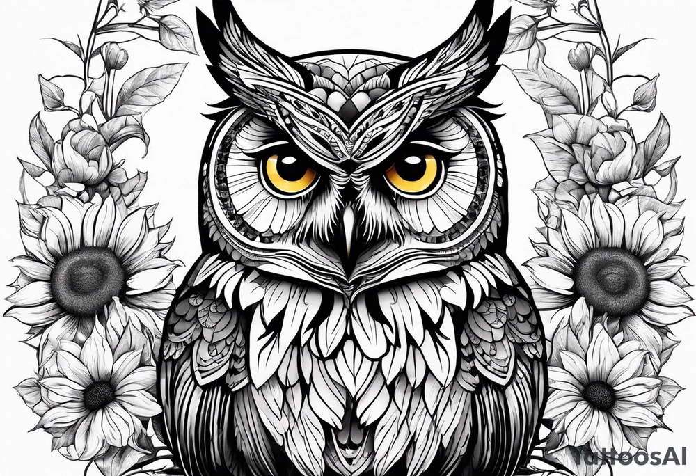 Small owl.with sunflowers and butterflies tattoo idea