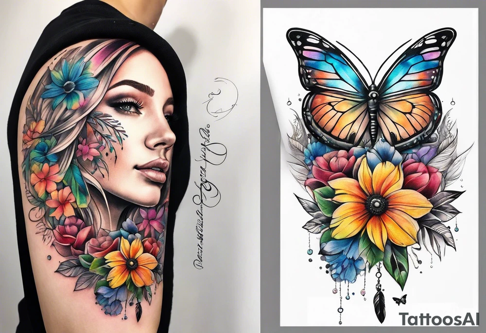 arm sleeve with dreamcatcher, rainbow flowers and one butterfly tattoo idea