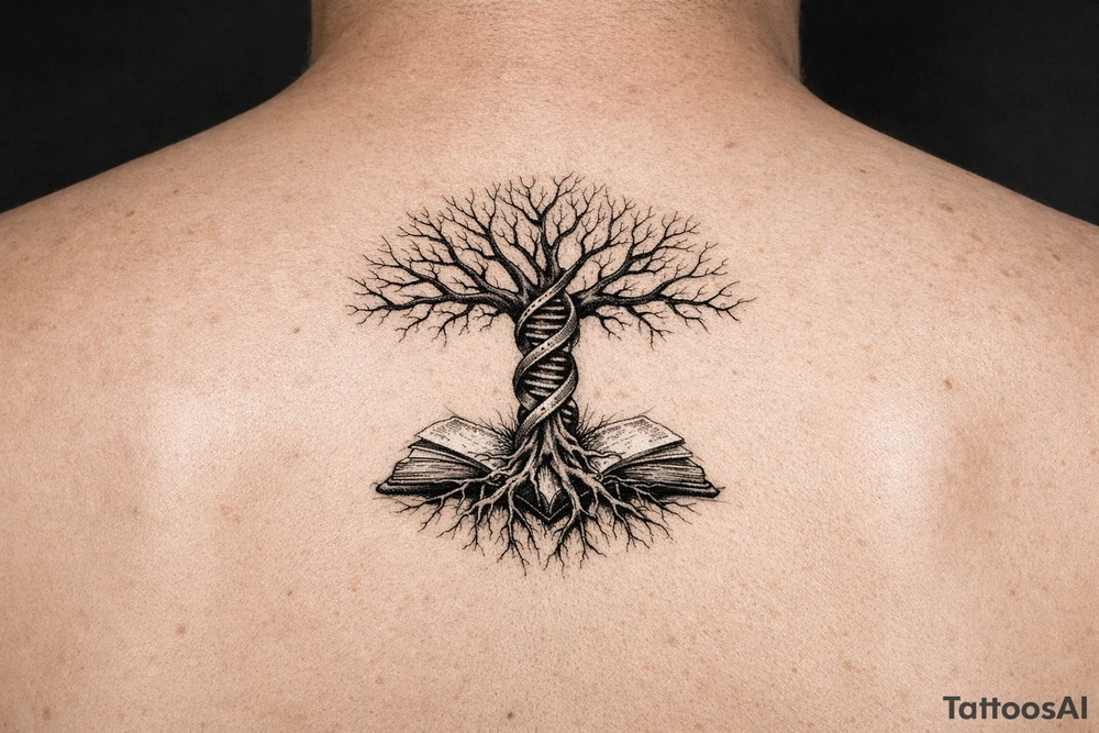 tree of life with a dna spiral for the trunk, bare branches spreading out to represent speciation/evolution, and roots sprouting out of open books to represent knowledge tattoo idea
