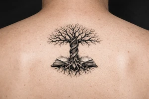 tree of life with a dna spiral for the trunk, bare branches spreading out to represent speciation/evolution, and roots sprouting out of open books to represent knowledge tattoo idea