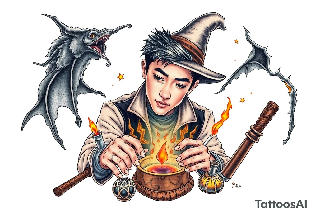 Handsome Asian young adult guy is  accidentally stumbled upon witch tools, supplies, artifacts, potions and exploring it curiously tattoo idea
