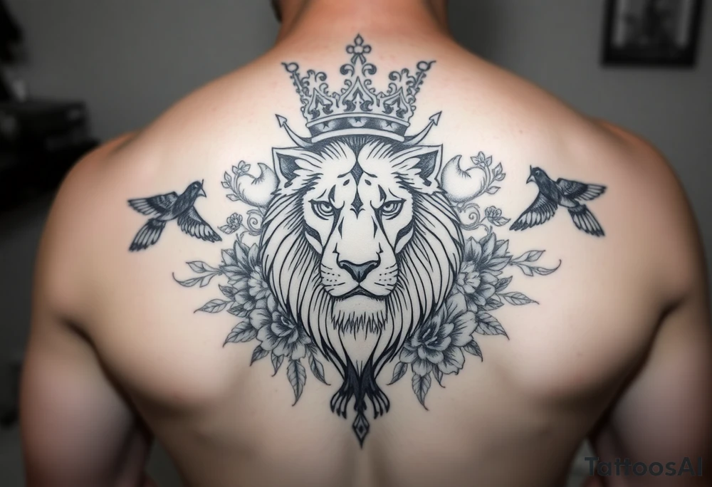 powerful majestic lion with a crown, surrounded by floral ornaments and birds tattoo idea