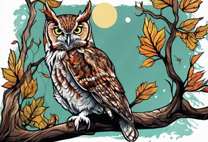 eastern screech owl in tree tattoo idea
