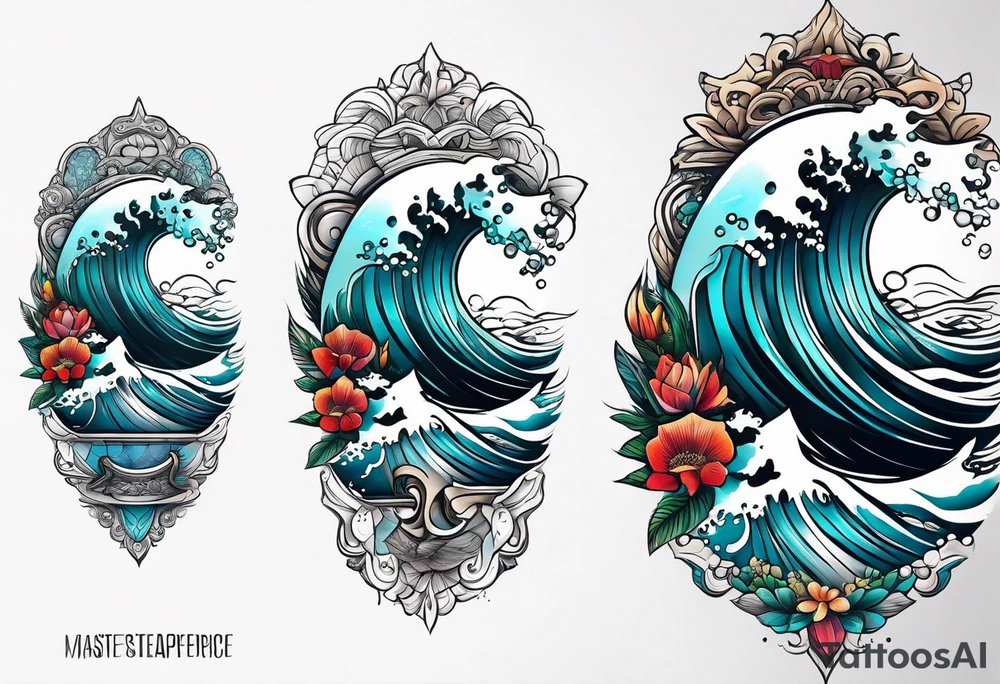 lower leg sleeve with ocean waves tattoo idea