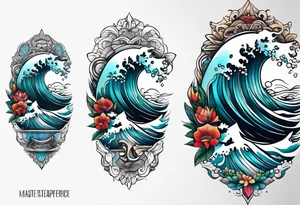 lower leg sleeve with ocean waves tattoo idea
