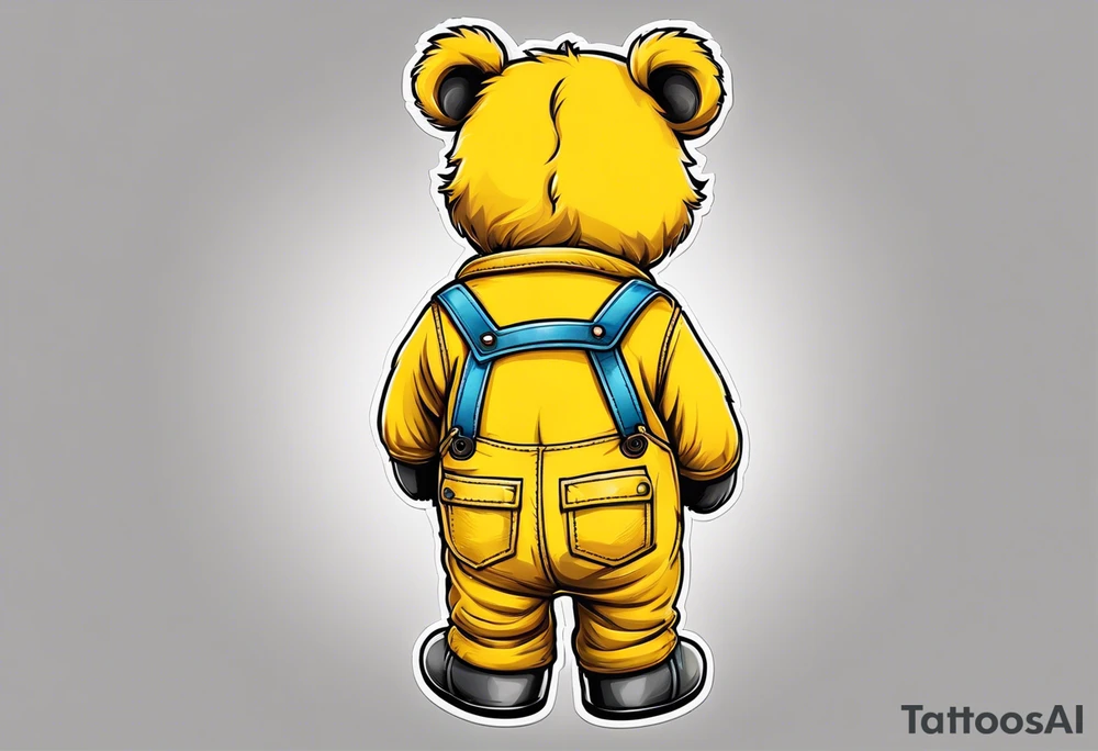 the back of a grey teddy bear standing in yellow overalls, no shirt and boots tattoo idea