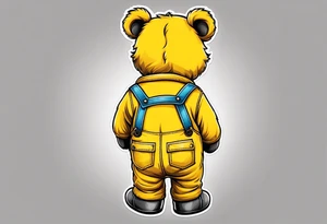 the back of a grey teddy bear standing in yellow overalls, no shirt and boots tattoo idea