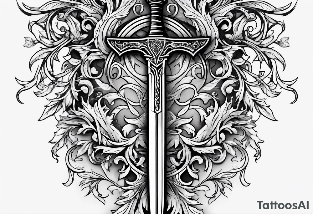 Leafy vines with sword tattoo idea