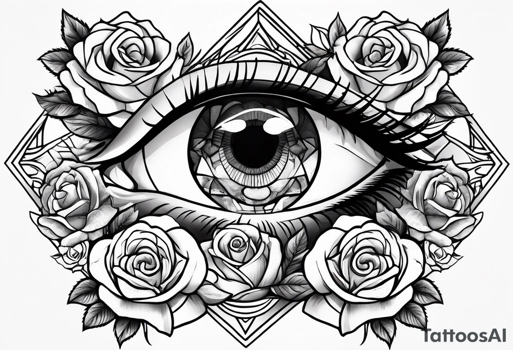 eye with roses around tattoo idea