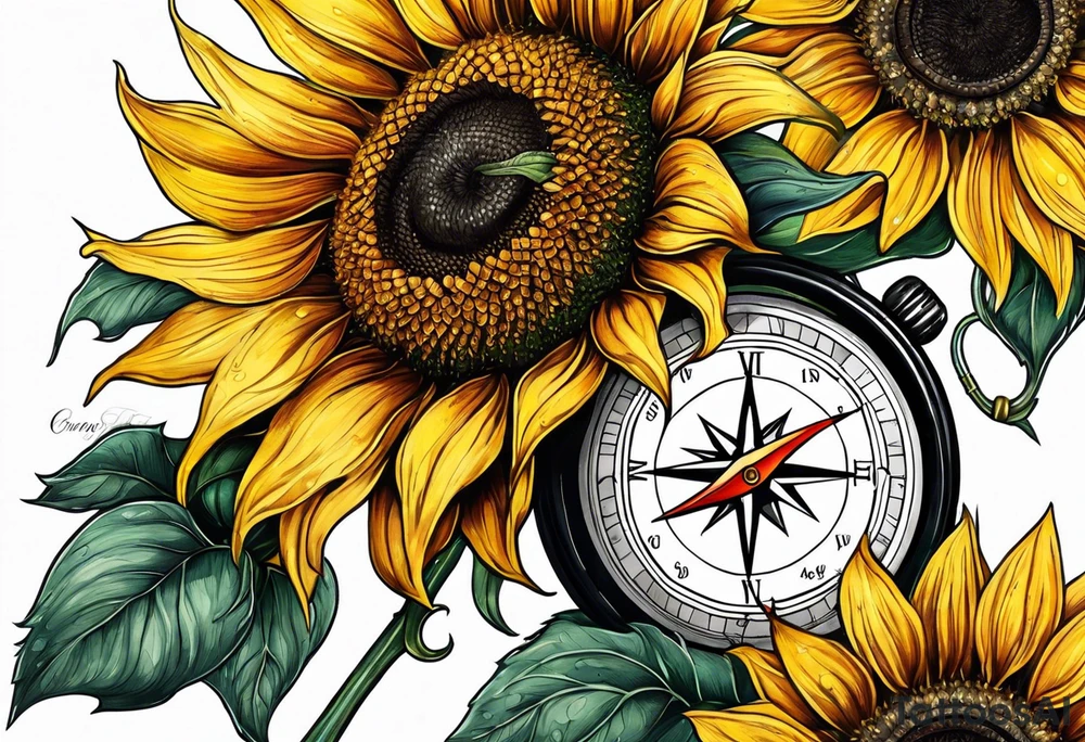 Sunflower next to a compass tattoo idea