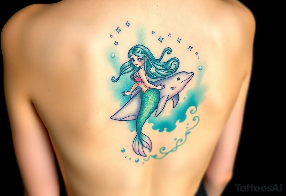 A mermaid riding a dolphin through an enchanted sea, blending deep emerald greens and luminous pearl whites tattoo idea