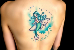 A mermaid riding a dolphin through an enchanted sea, blending deep emerald greens and luminous pearl whites tattoo idea