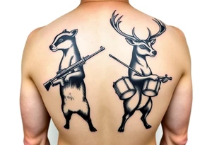 Wisconsin Badger and Milwaukee Buck's Deer standing back against each other both holding gun's with drums on em tattoo idea
